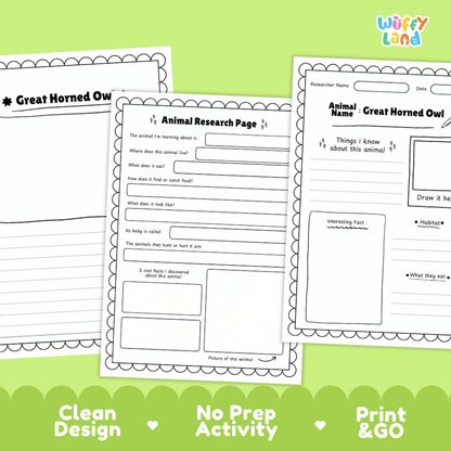 Great Horned Owl Animal Research Page Worksheets and Fact Sheet Activity
