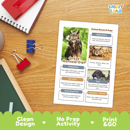 Great Horned Owl Animal Research Page Worksheets and Fact Sheet Activity