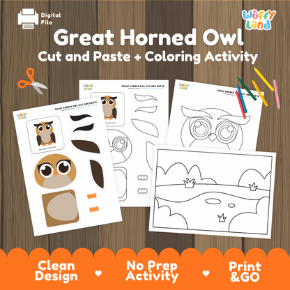 Great Horned Owl Cut and Paste Craft and Coloring Activity Worksheets