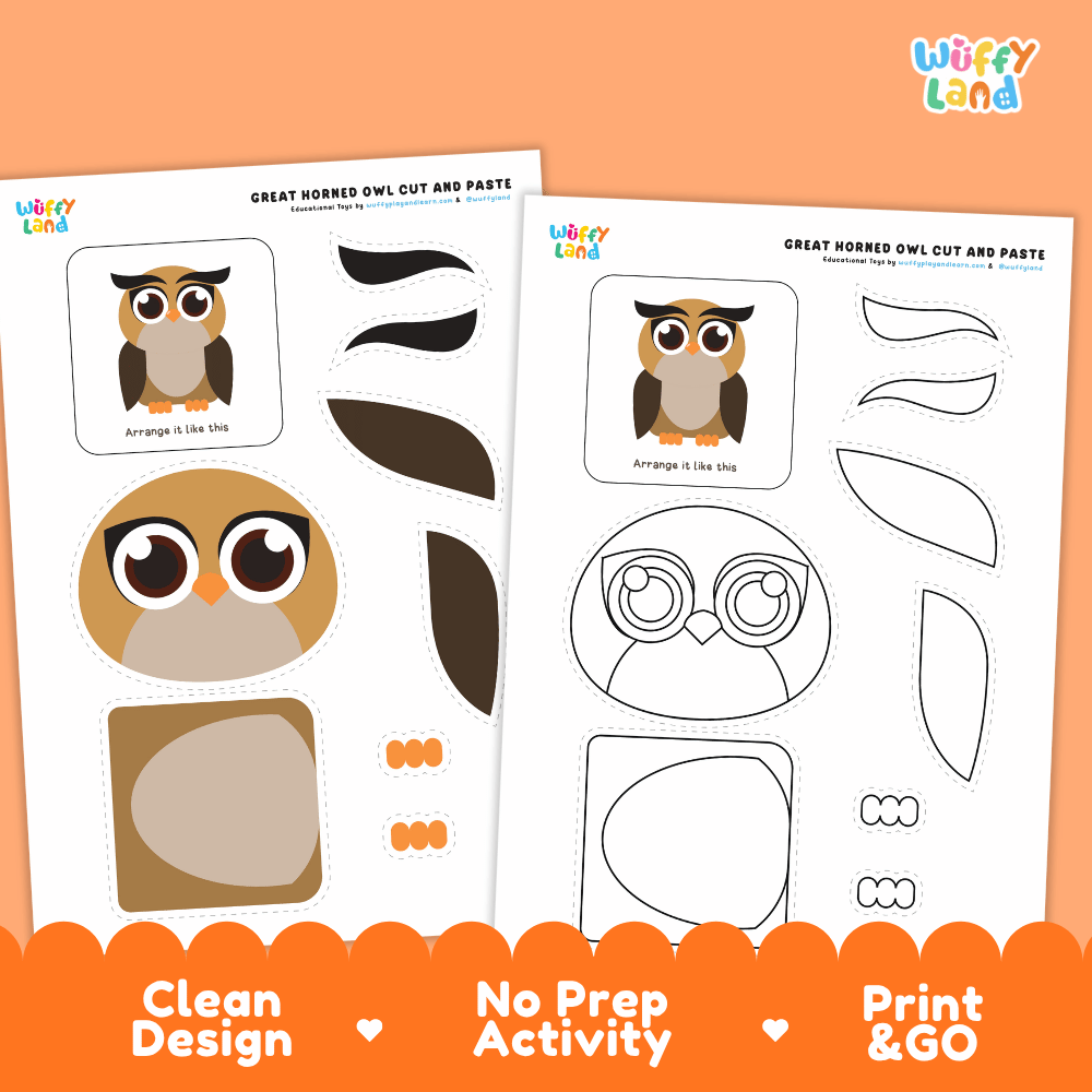 Great Horned Owl Cut and Paste Craft and Coloring Activity Worksheets