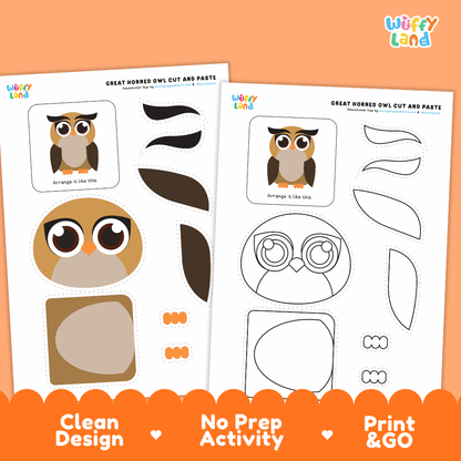 Great Horned Owl Cut and Paste Craft and Coloring Activity Worksheets