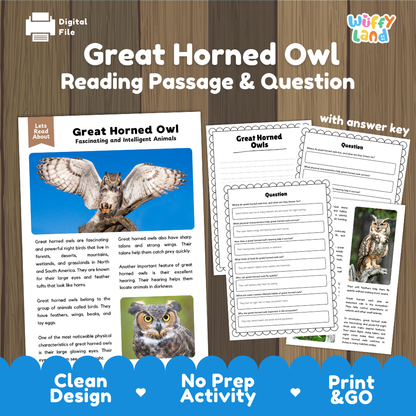Great Horned Owl Reading Passage and Questions Worksheets with Answer Key