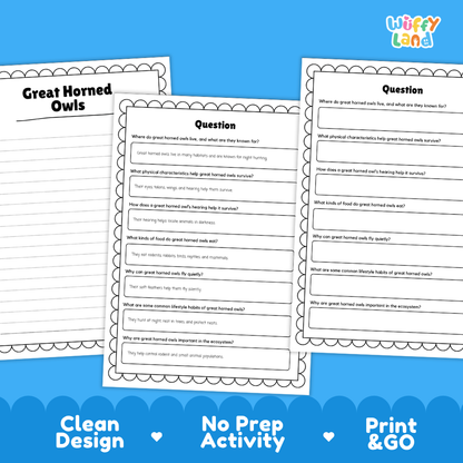 Great Horned Owl Reading Passage and Questions Worksheets with Answer Key