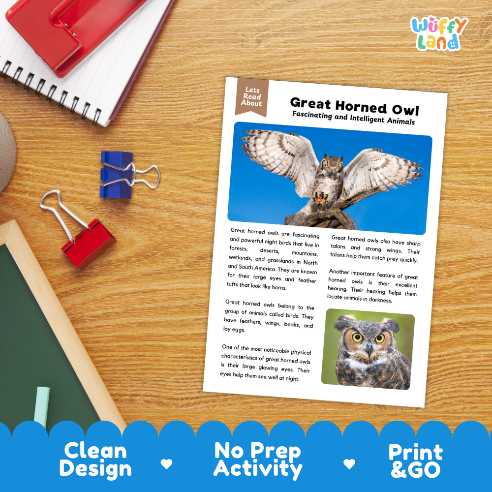 Great Horned Owl Reading Passage and Questions Worksheets with Answer Key