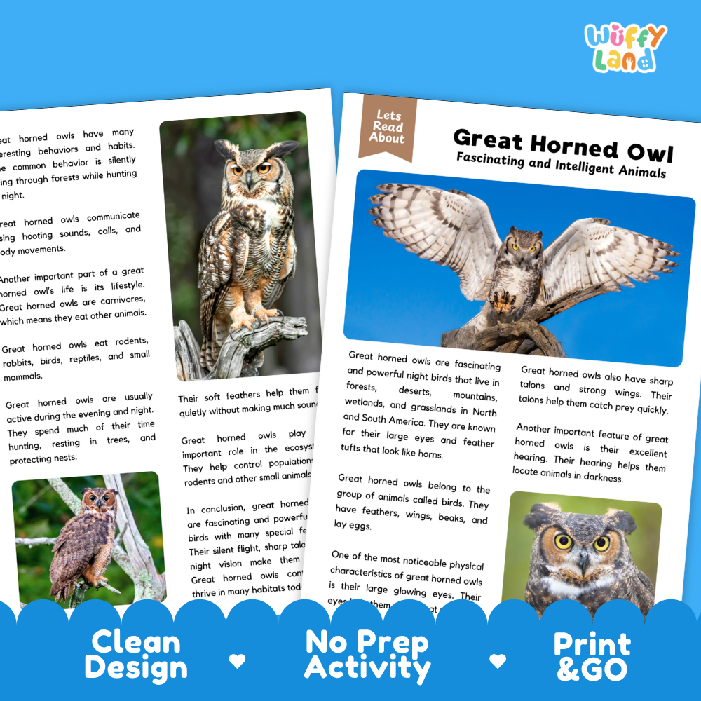 Great Horned Owl Reading Passage and Questions Worksheets with Answer Key