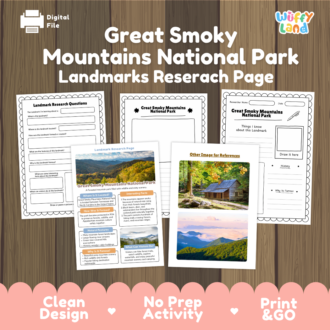A digital preview of a Great Smoky Mountains National Park landmarks research page activity sheet set on a wood-grain background, with the 'Wiffly Land' brand logo in the top right and promotional text along the bottom.