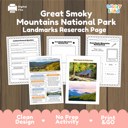 A digital preview of a Great Smoky Mountains National Park landmarks research page activity sheet set on a wood-grain background, with the 'Wiffly Land' brand logo in the top right and promotional text along the bottom.