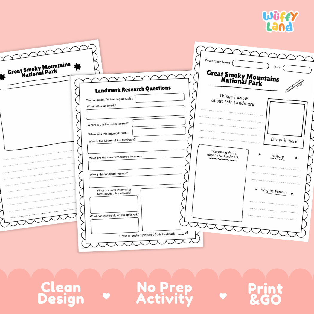 Three printable worksheet pages for Great Smoky Mountains National Park displayed on a pink background with decorative text reading 'Clean Design', 'No Prep Activity', and 'Print & GO'. The worksheets include labeled sections, blank lines, and a drawing area, and the brand name 'Wiffly land' appears in the top right.