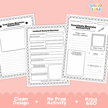 Three printable worksheet pages for Great Smoky Mountains National Park displayed on a pink background with decorative text reading 'Clean Design', 'No Prep Activity', and 'Print & GO'. The worksheets include labeled sections, blank lines, and a drawing area, and the brand name 'Wiffly land' appears in the top right.