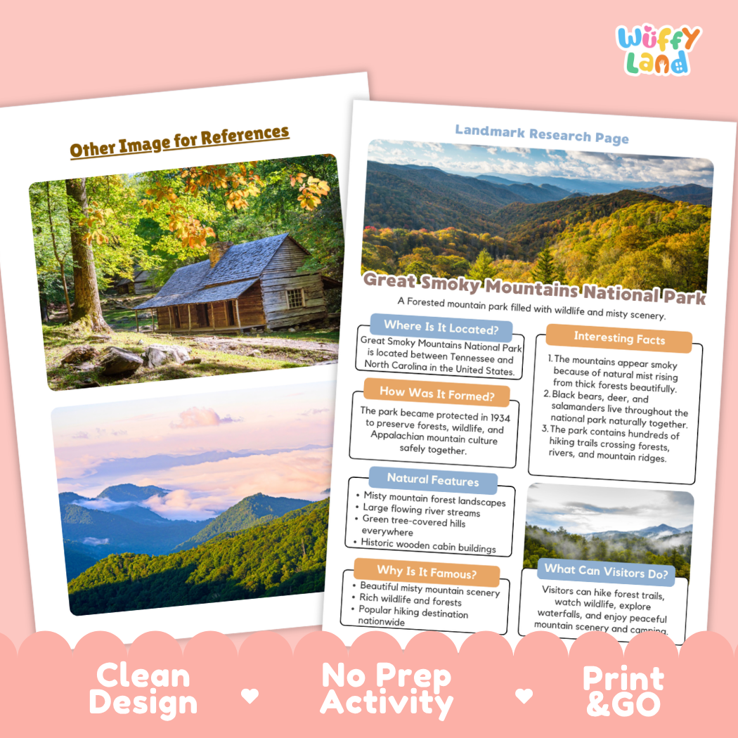 Two printed educational worksheets about Great Smoky Mountains National Park are shown on a pink background. One worksheet has a scenic photo of a cabin in a forest, and the other is a text-based landmark research page with headings like 'Where is it located,' 'How was it formed,' 'Natural features,' and 'Why is it famous.
