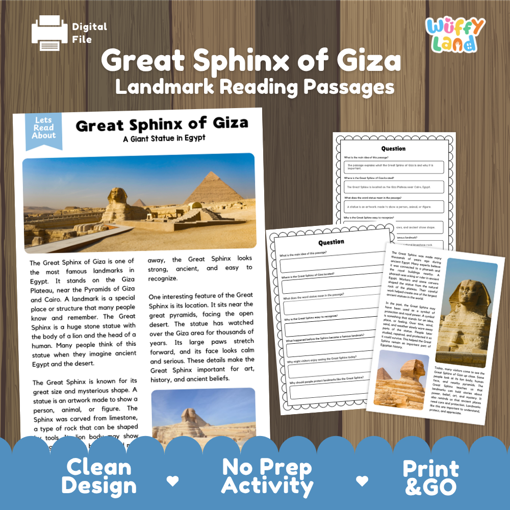 Digital reading activity bundle titled 'Great Sphinx of Giza Landmark Reading Passages' shown on a wood-textured background. The image includes a cover page with a photo of the Great Sphinx, several worksheet pages, and marketing text reading 'Clean Design', 'No Prep Activity', and 'Print & GO'.