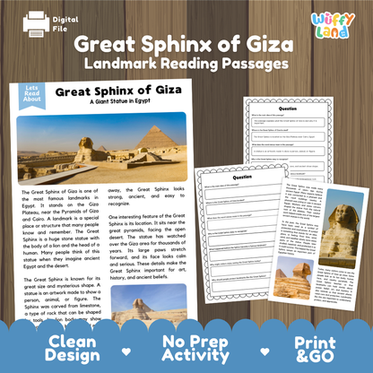 Digital reading activity bundle titled 'Great Sphinx of Giza Landmark Reading Passages' shown on a wood-textured background. The image includes a cover page with a photo of the Great Sphinx, several worksheet pages, and marketing text reading 'Clean Design', 'No Prep Activity', and 'Print & GO'.