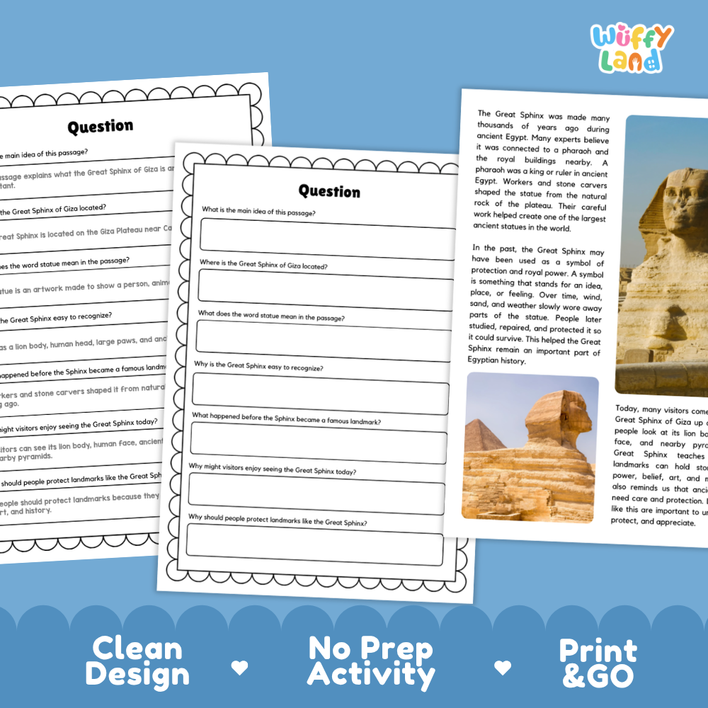 Three printable worksheet pages about the Great Sphinx of Giza are shown on a white background with blue decorative banners at the bottom. The pages include reading text, fill-in questions, and a small map.
