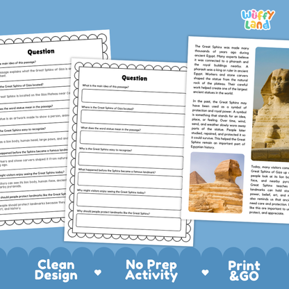 Three printable worksheet pages about the Great Sphinx of Giza are shown on a white background with blue decorative banners at the bottom. The pages include reading text, fill-in questions, and a small map.