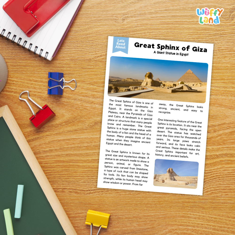 An educational worksheet titled 'Great Sphinx of Giza: A Great Machine in Egypt' printed on a white card, styled on a wooden desk alongside a red spiral notebook, blue binder clips, and other school supplies. The 'Wiffly Land' brand logo is visible in the top right corner.