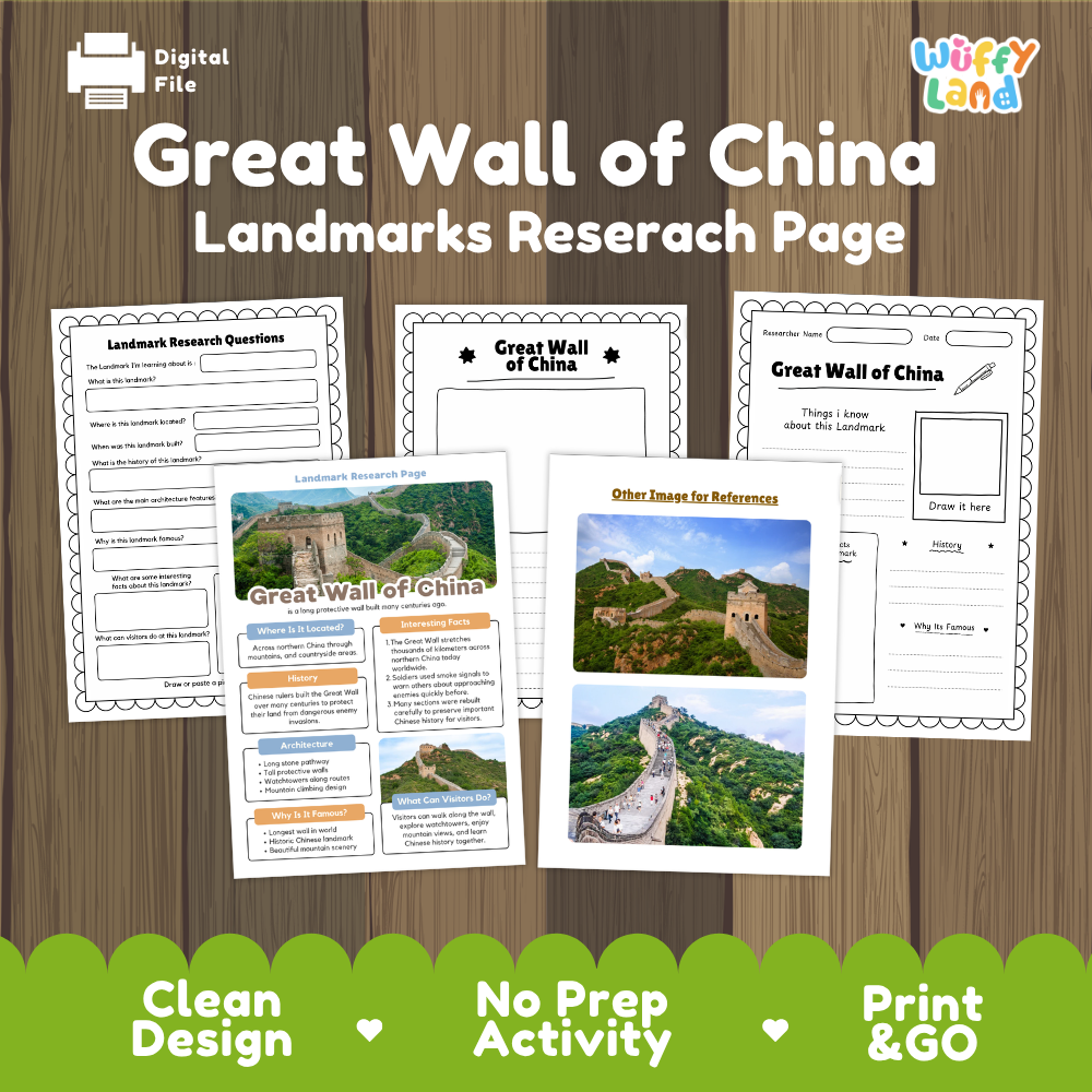 Digital preview of a 'Great Wall of China Landmarks Research Page' activity sheet set by Wiffy Land, displayed on a wood-grain background with a green banner at the bottom highlighting key features.