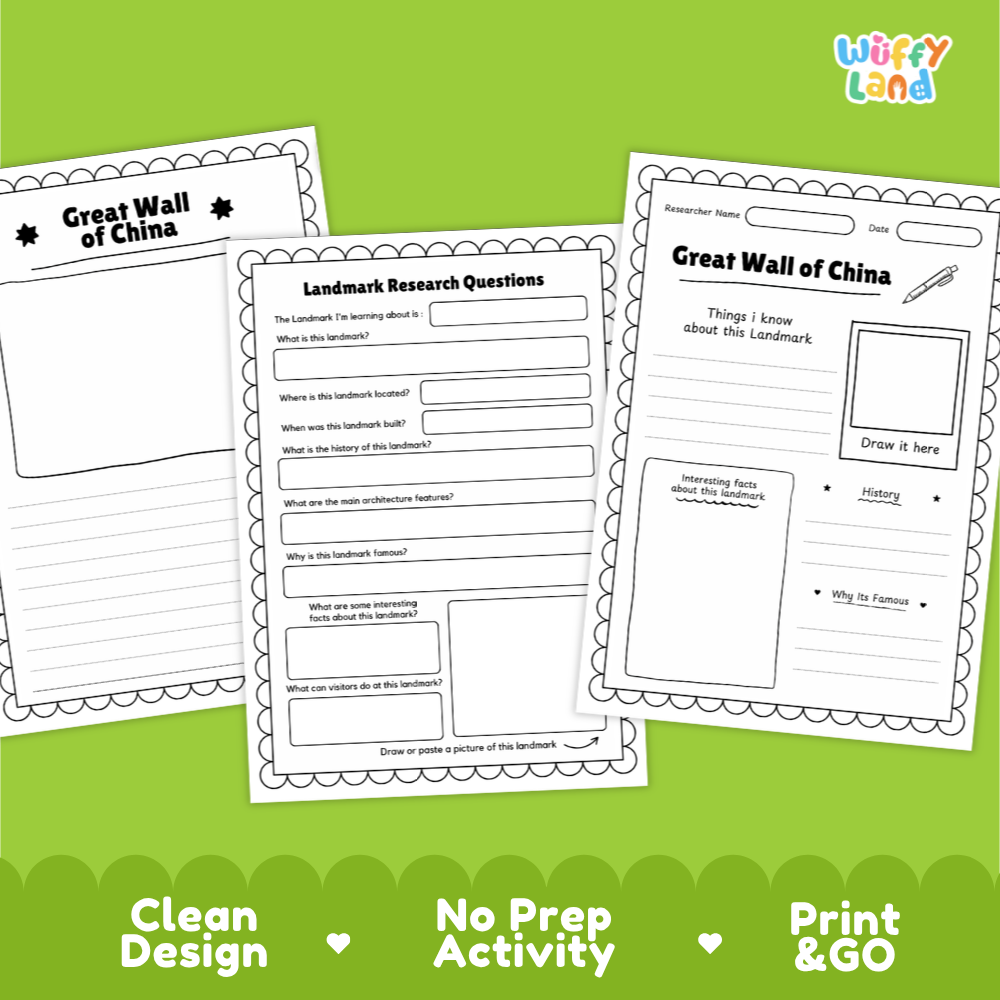 Three printable educational worksheets about the Great Wall of China arranged on a bright green background with marketing text at the bottom. The sheets are white with black text and border lines, and the brand name 'Wiffy Land' appears in the top right.