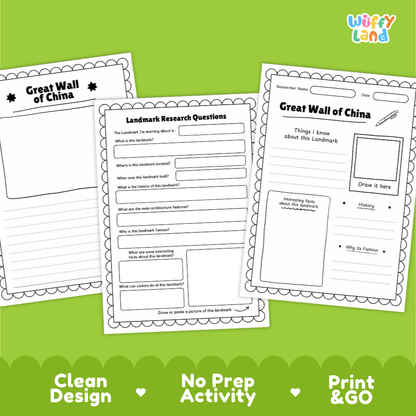 Three printable educational worksheets about the Great Wall of China arranged on a bright green background with marketing text at the bottom. The sheets are white with black text and border lines, and the brand name 'Wiffy Land' appears in the top right.