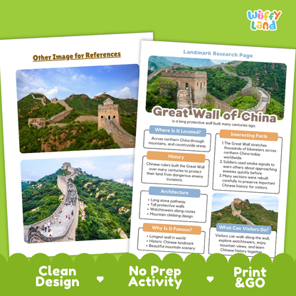 Two printed educational poster sheets about the Great Wall of China are shown on a bright green background. The sheets include a landscape photo of the wall, text sections with headings like 'Landmark Research Page,' 'Where Is It Located?,' 'History,' 'Architecture,' and 'Why Is It Famous?,' plus decorative labels such as 'Clean Design,' 'No Prep Activity,' and 'Print & GO.