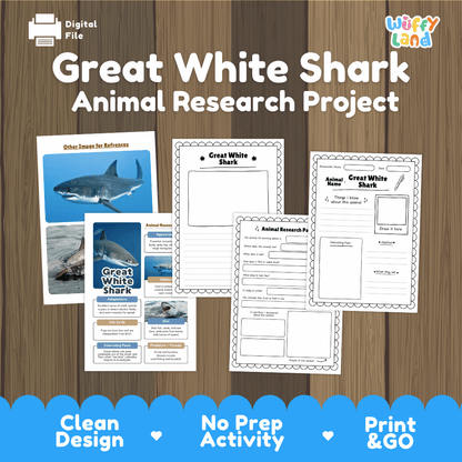 Digital file preview for a Great White Shark Animal Research Project activity sheet set, shown on a wood background with the title text and printable worksheet pages.