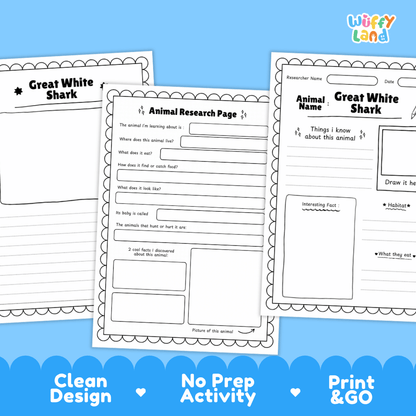 Three printable animal research worksheet pages for a Great White Shark are shown on a bright blue background with marketing text at the bottom reading 'Clean Design', 'No Prep Activity', and 'Print & GO'. The pages are white with black text and border lines, and the brand name 'Wiffy Land' appears in the top right.