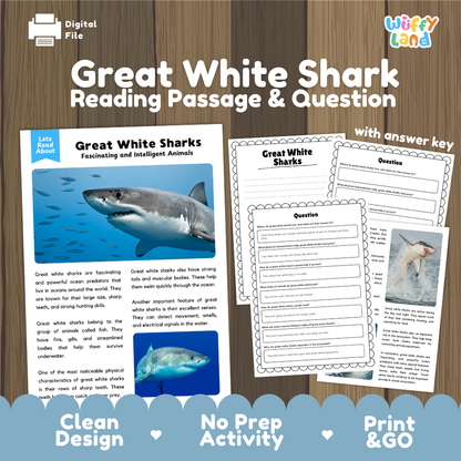 Great White Shark Reading Passage and Comprehension Questions Worksheets