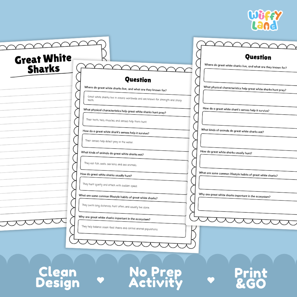 Great White Shark Reading Passage and Comprehension Questions Worksheets