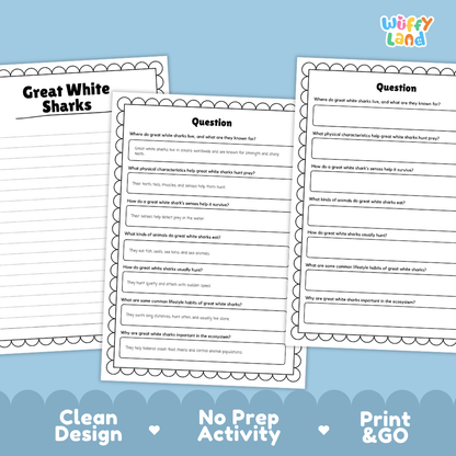 Great White Shark Reading Passage and Comprehension Questions Worksheets