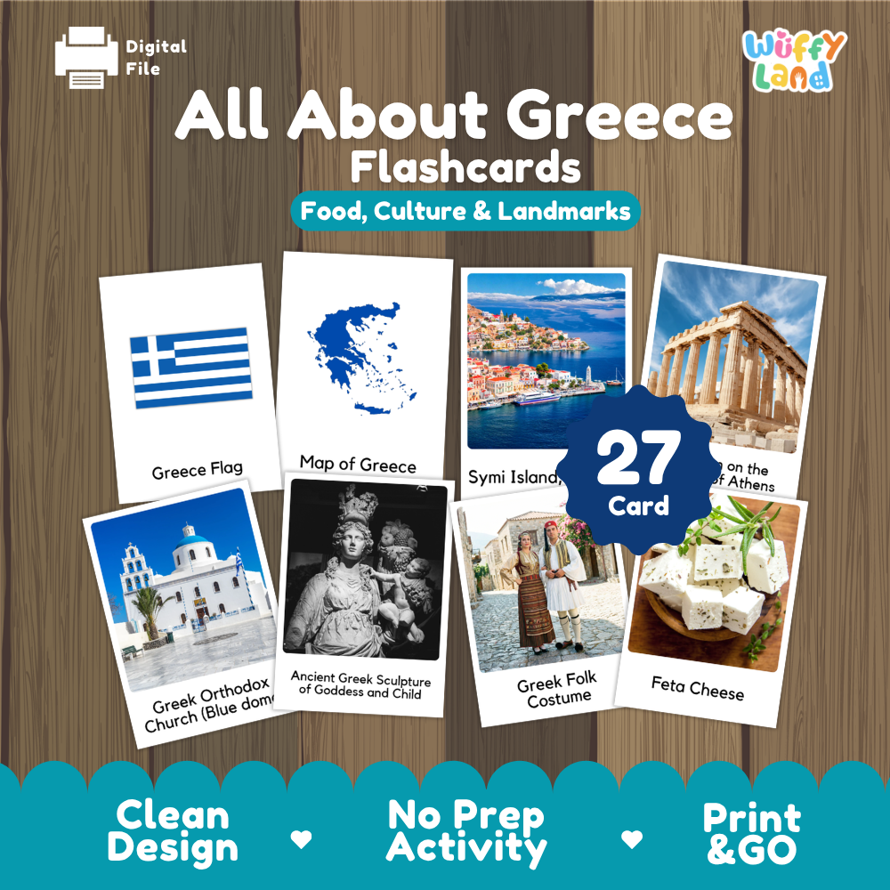 Mykonos windmills coloring page paired with real photo flashcards of the Parthenon, blue dome church, ancient sculpture, and feta cheese