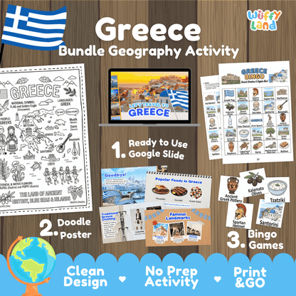 Complete Greece geography activity bundle featuring Google Slides, doodle coloring poster, and classroom bingo games 🇬🇷🎒