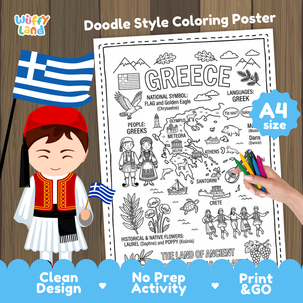 Greece country study doodle style coloring poster printable page featuring map, landmarks, and cultural symbols