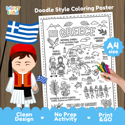 Greece country study doodle style coloring poster printable page featuring map, landmarks, and cultural symbols