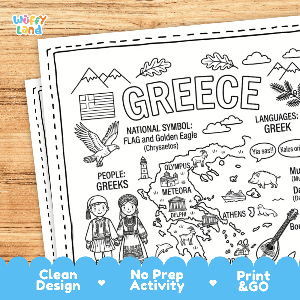 Cultural coloring page featuring traditional Greek attire, folk dancing, musical instruments, and Greek greeting speech bubbles
