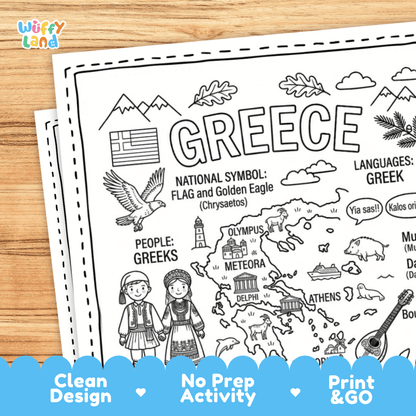 Cultural coloring page featuring traditional Greek attire, folk dancing, musical instruments, and Greek greeting speech bubbles
