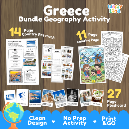 Greece geography activity bundle cover showing 14 country research pages, 11 coloring pages, and 27 photo flashcards
