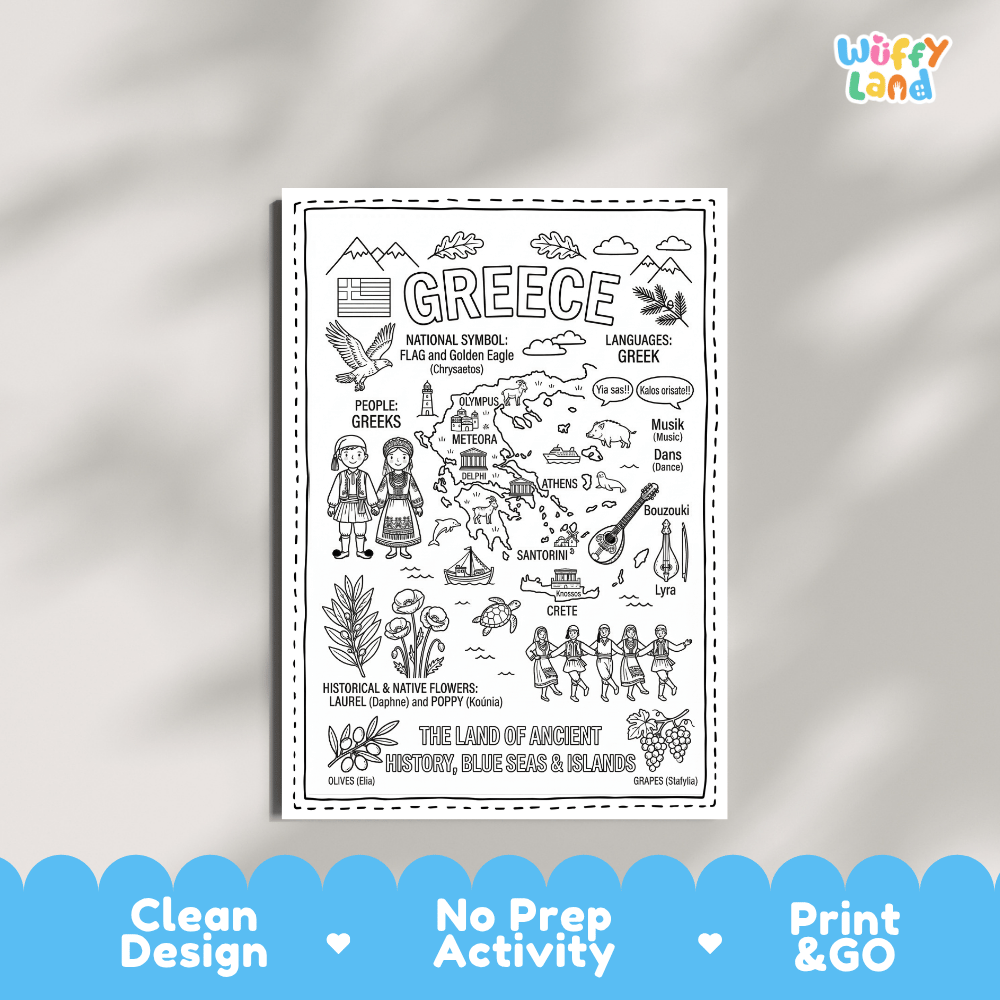 Educational activity coloring page highlighting Greece's symbols the Golden Eagle, Laurel leaves, and red poppy flowers