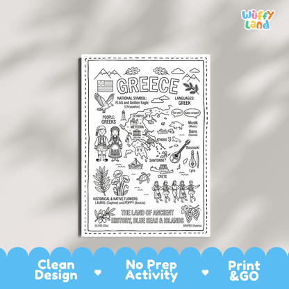 Educational activity coloring page highlighting Greece's symbols the Golden Eagle, Laurel leaves, and red poppy flowers