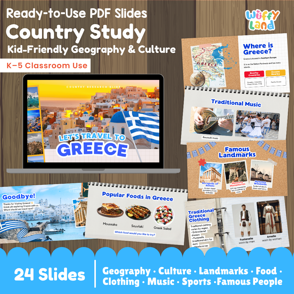 Digital product preview for a 'Country Study: Greece' educational slide set by Wiffly Land. The graphic shows a laptop screen with a Greece travel collage and Greek flag, surrounded by sample slide thumbnails covering geography, music, landmarks, food, clothing, and sports.