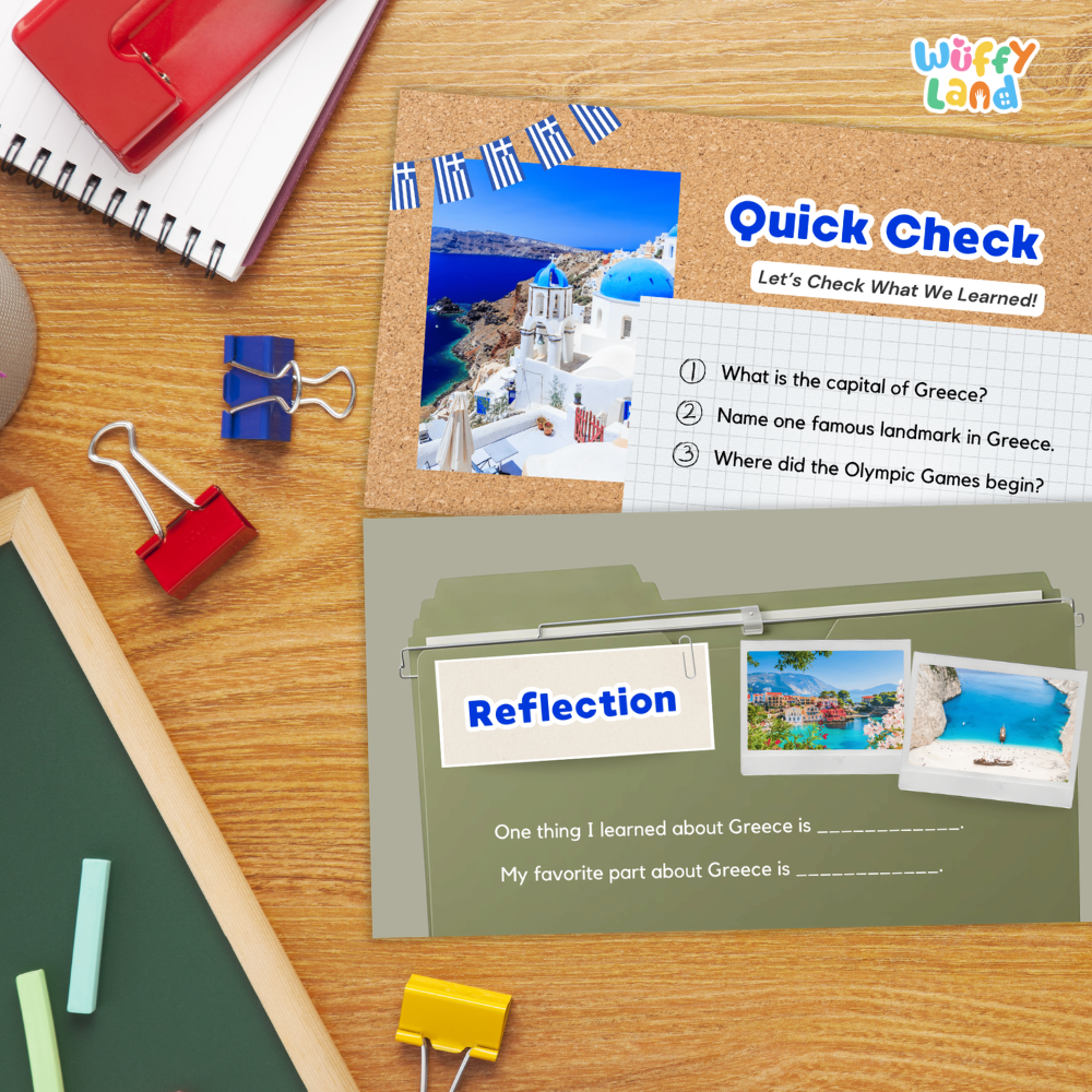 A children's educational desk activity set from Wiffly Land, featuring a 'Quick Check' and 'Reflection' worksheet packet about Greece, styled on a wooden desk with school supplies.