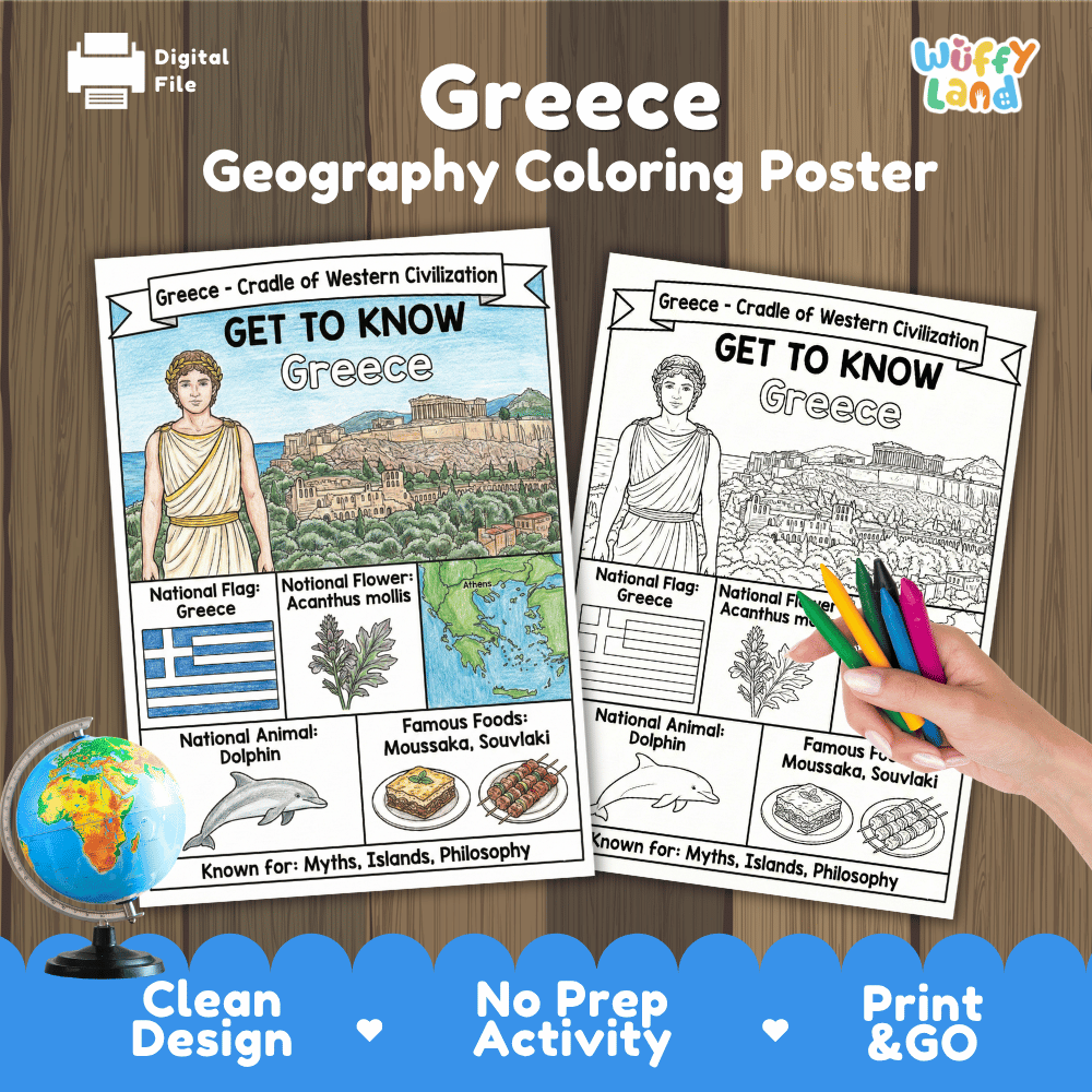 Greece Geography Coloring Poster | Country Study Research Worksheet Activity