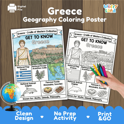 Greece Geography Coloring Poster | Country Study Research Worksheet Activity