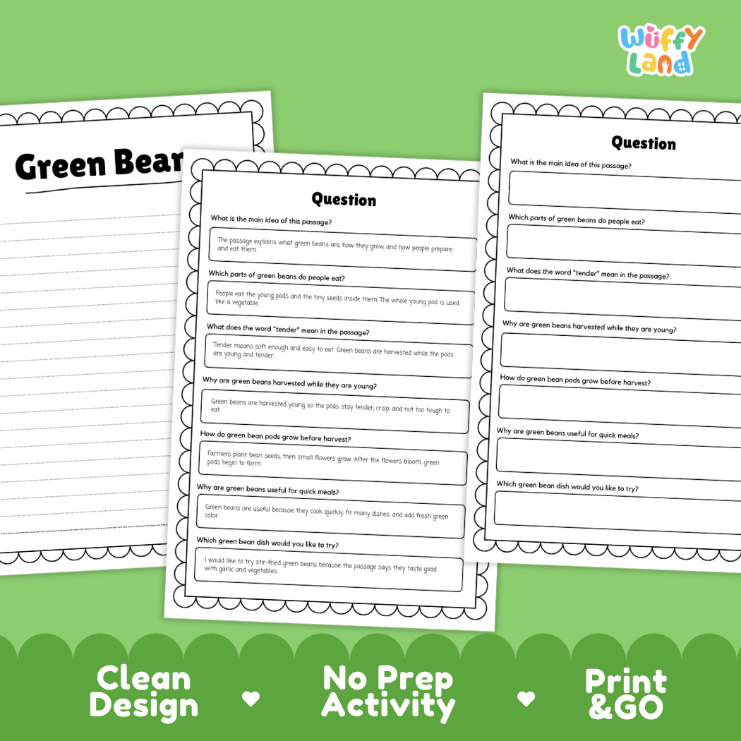 Informational reading passage page detailing green beans plant anatomy bush and climbing vine growth snap texture and cooking uses with photos