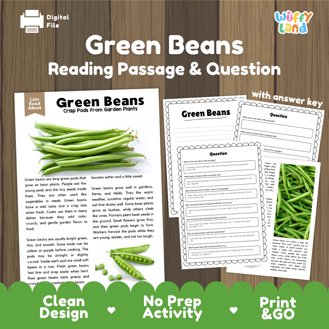 Green beans reading comprehension passage and questions printable activity pack with answer key for elementary students