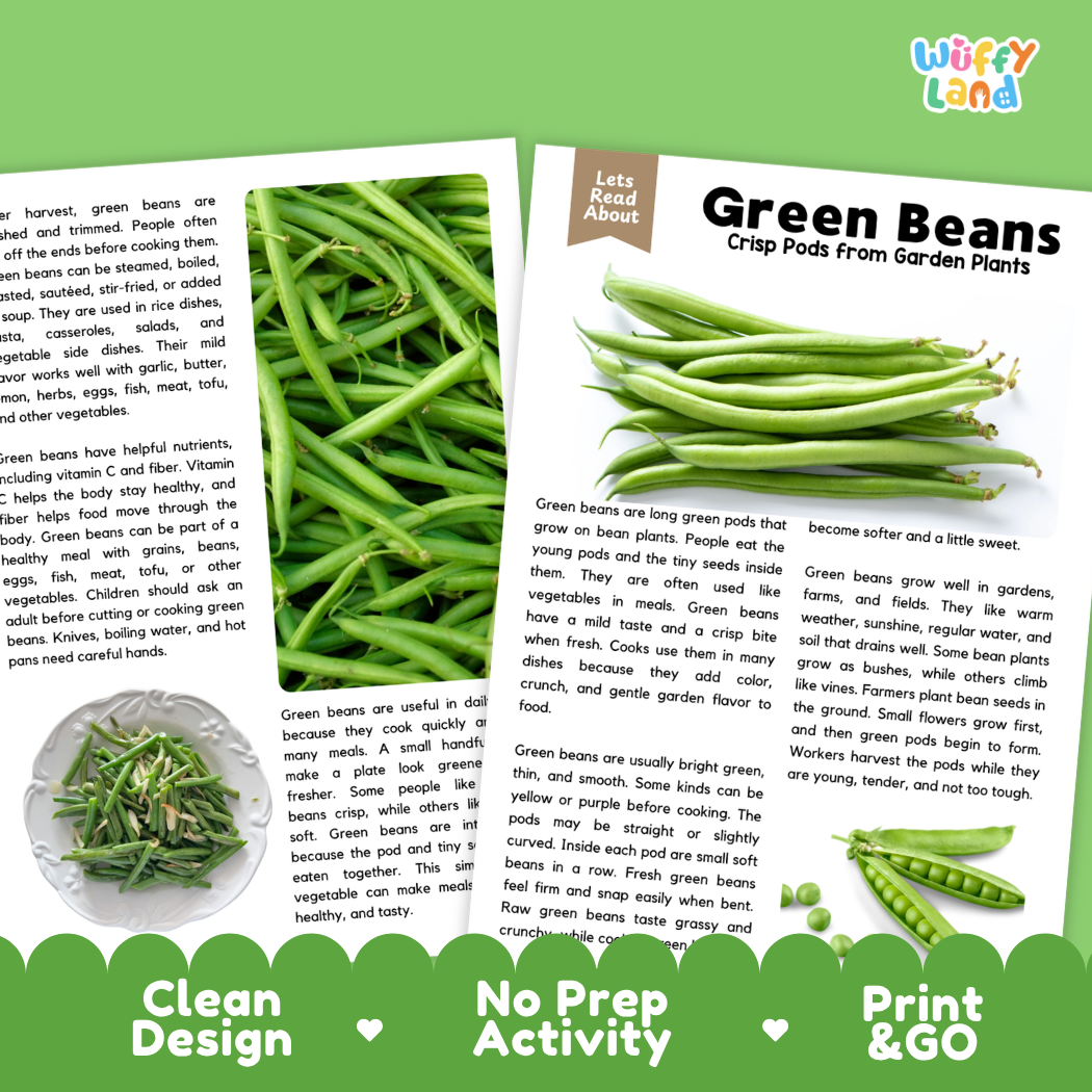 Teacher answer key page showing complete question solutions for green beans reading comprehension practice