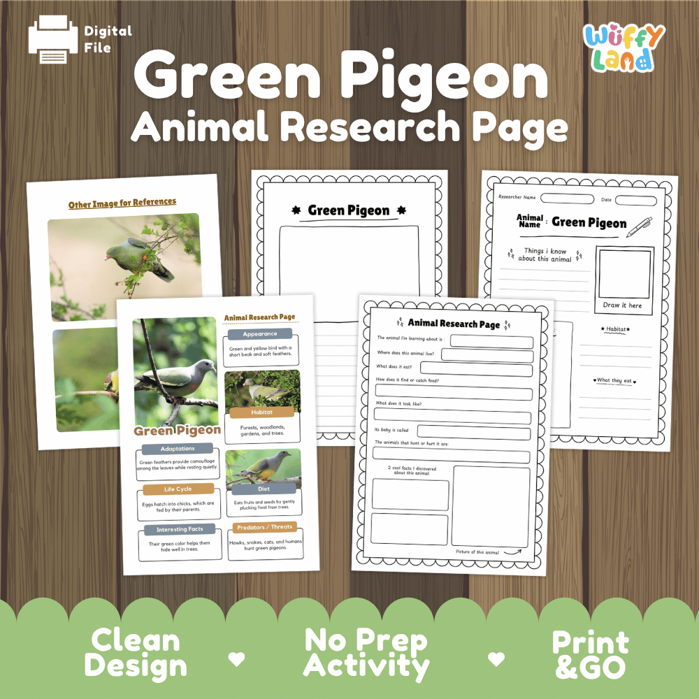 Green Pigeon Animal Research Page Worksheets and Fact Sheet Activity
