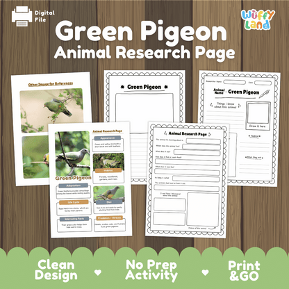 Green Pigeon Animal Research Page Worksheets and Fact Sheet Activity