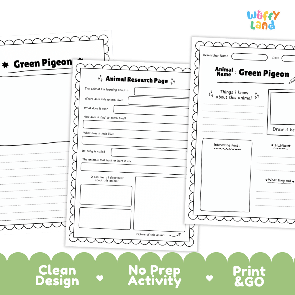 Green Pigeon Animal Research Page Worksheets and Fact Sheet Activity