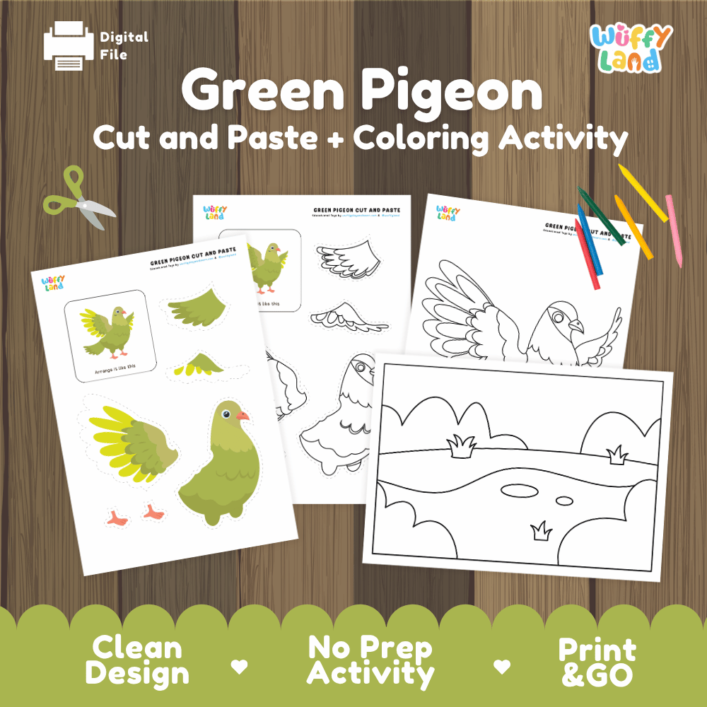 Green Pigeon Cut and Paste Craft and Coloring Activity Worksheets