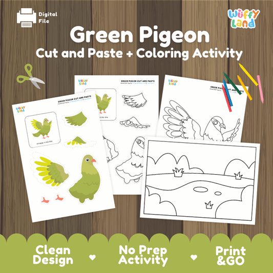 Green Pigeon Cut and Paste Craft and Coloring Activity Worksheets