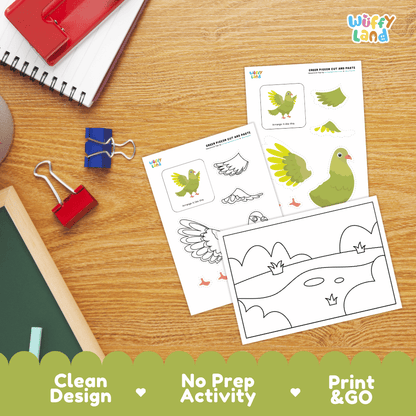 Green Pigeon Cut and Paste Craft and Coloring Activity Worksheets